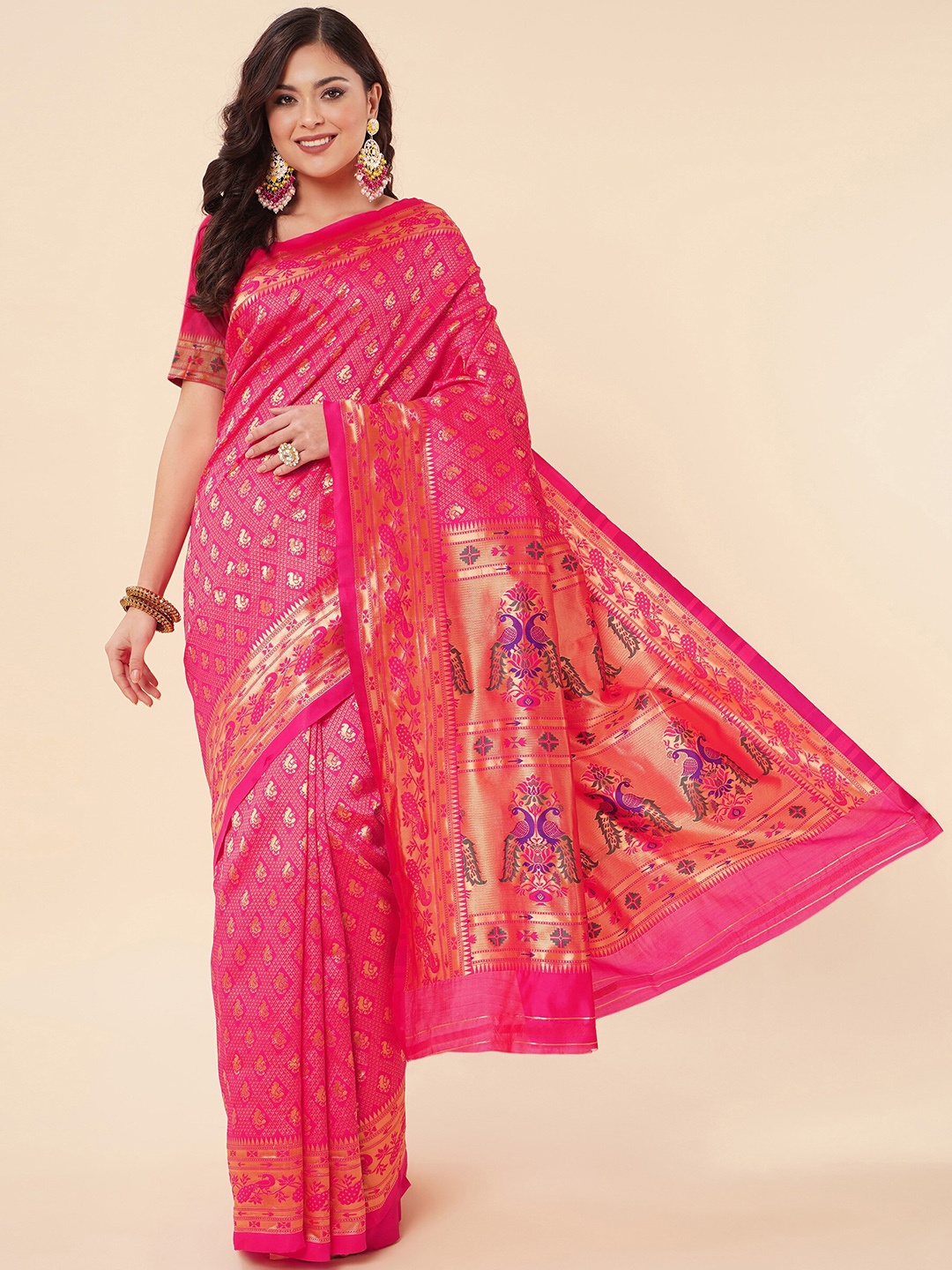 

TEREZA Ethnic Motif Pure Silk Paithani Zari Saree With Blouse Piece, Pink