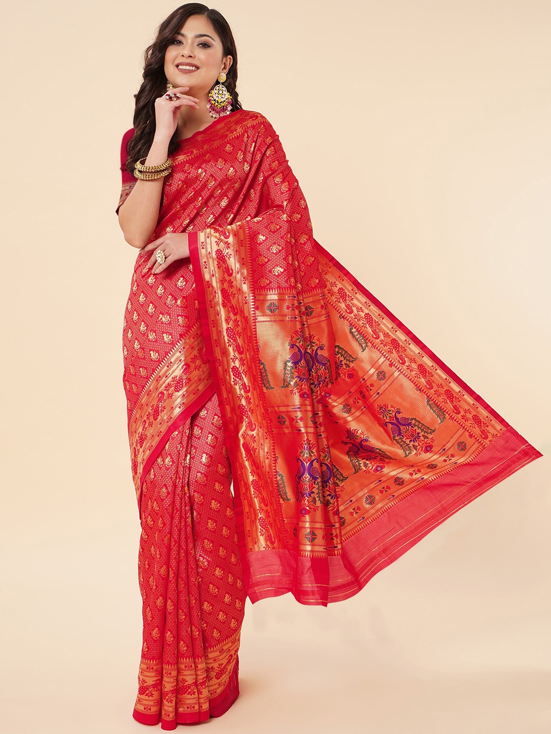 

TEREZA Ethnic Motif Woven Design Zari Pure Silk Paithani Saree, Red