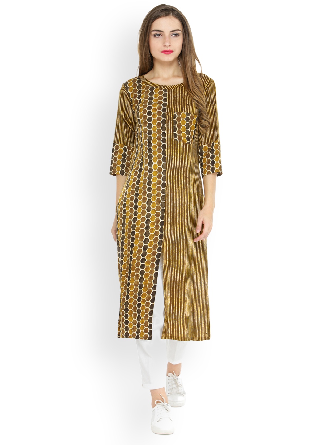 

Indibelle Women Mustard Yellow & Off-White Printed Kurta with Trousers