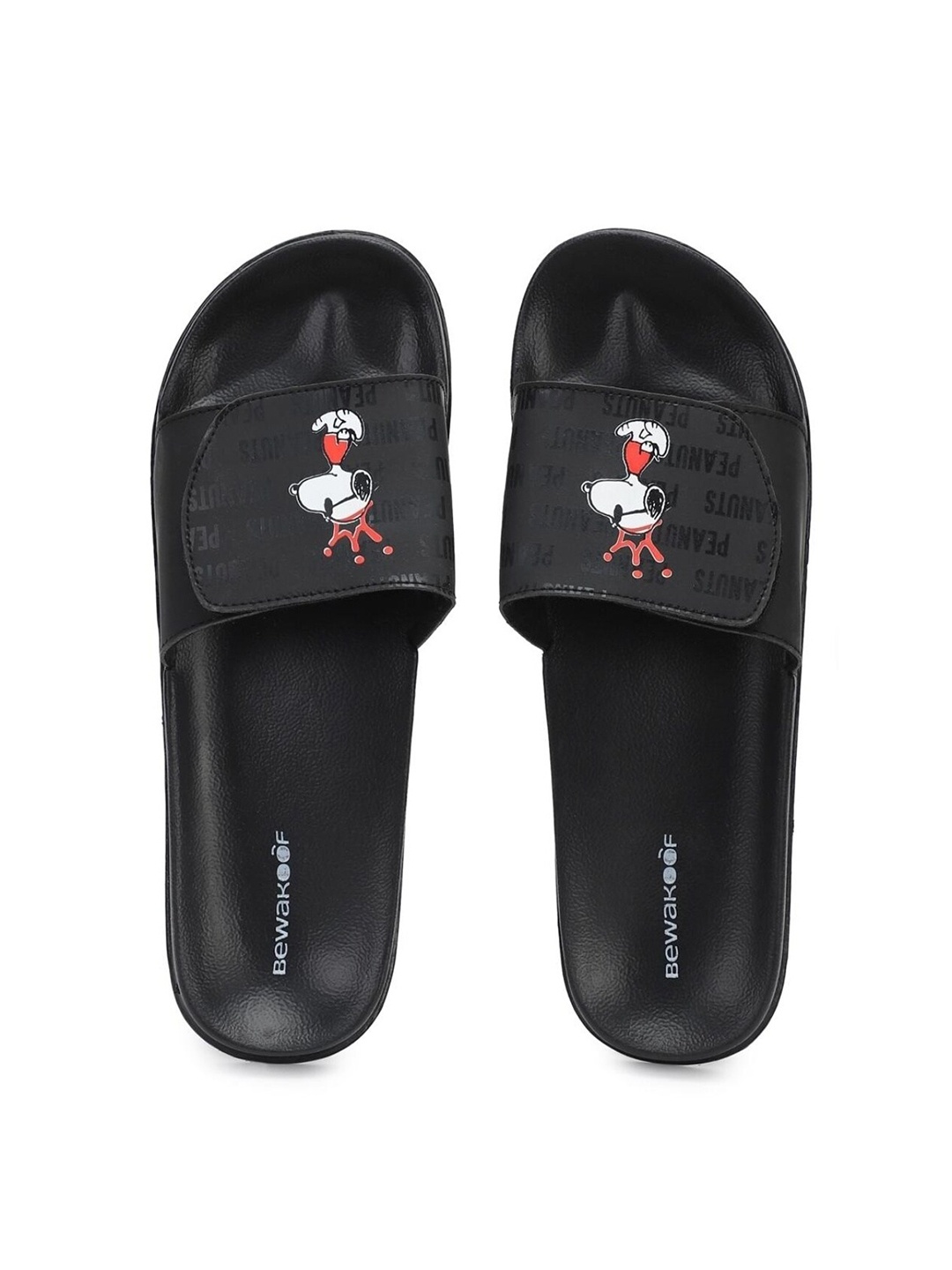 

Bewakoof Men Black & White Peanuts Printed Adjustable Strap Sliders