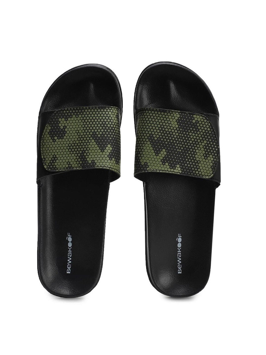 

Bewakoof Men Black & Olive Green Printed Adjustable Strap Sliders