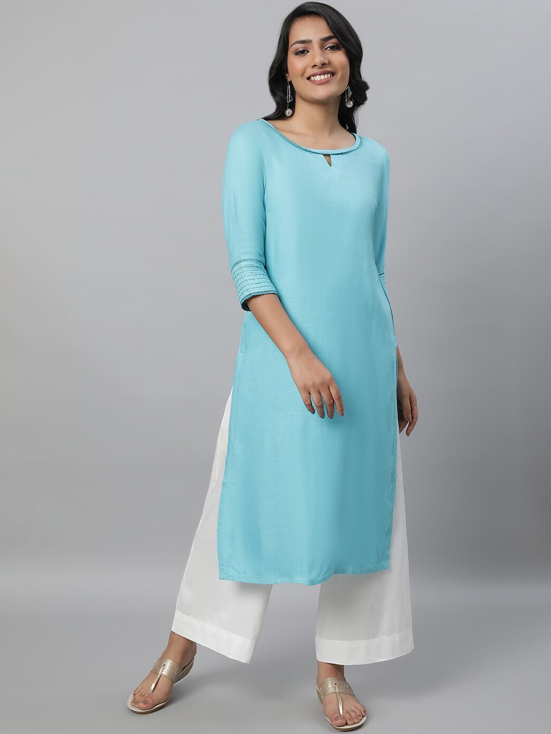 

AURELIA Keyhole Neck Lace Inserted Straight Kurta, Turquoise blue