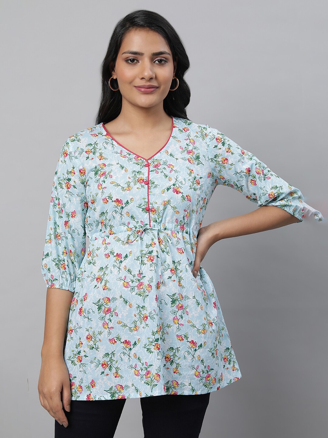 

AURELIA Blue Floral Printed V-Neck Pure Cotton Kurti