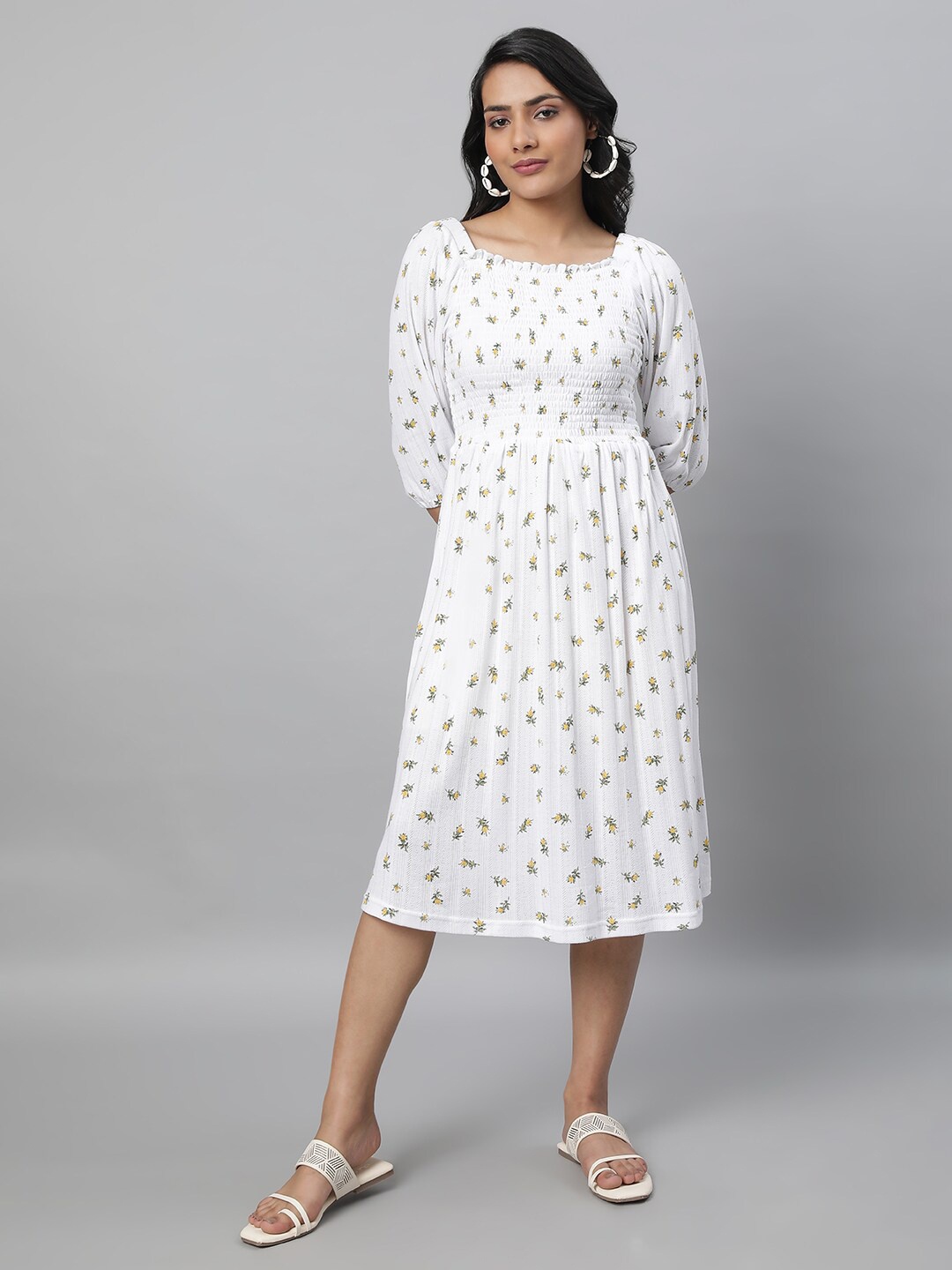 

AURELIA Floral Printed Puff Sleeve Smocked Fit & Flare Midi Dress, White