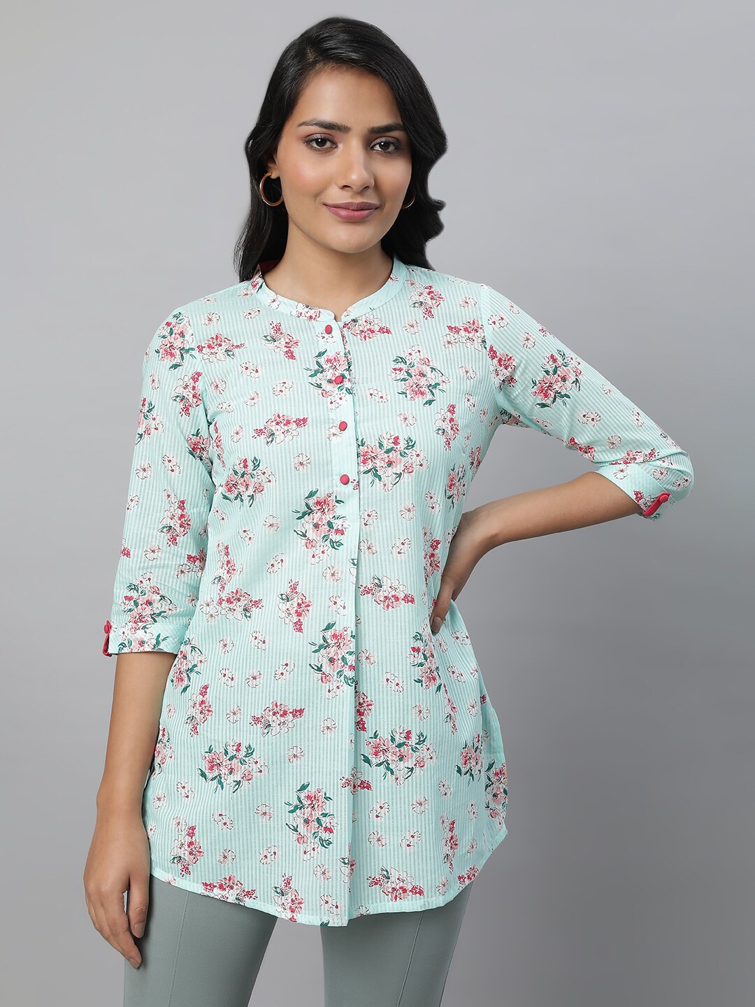 

AURELIA Floral Printed Pure Cotton Pleated Kurti, Sea green