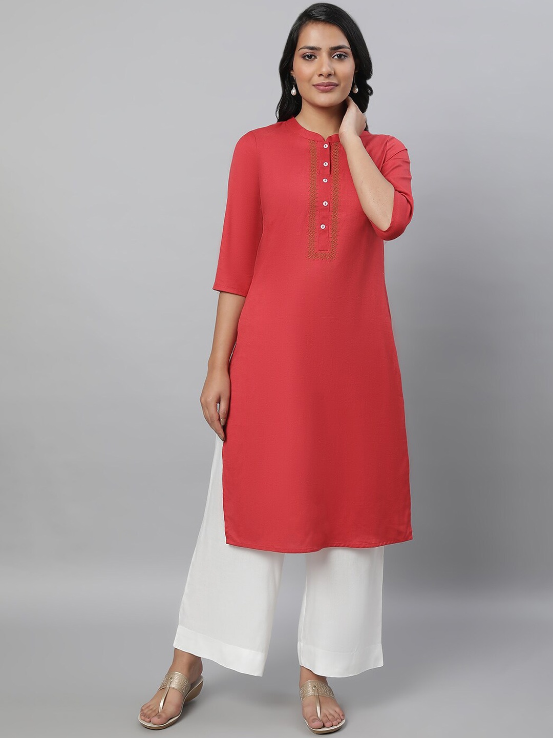 

AURELIA Mandarin Collar Thread Work Straight Kurta, Red