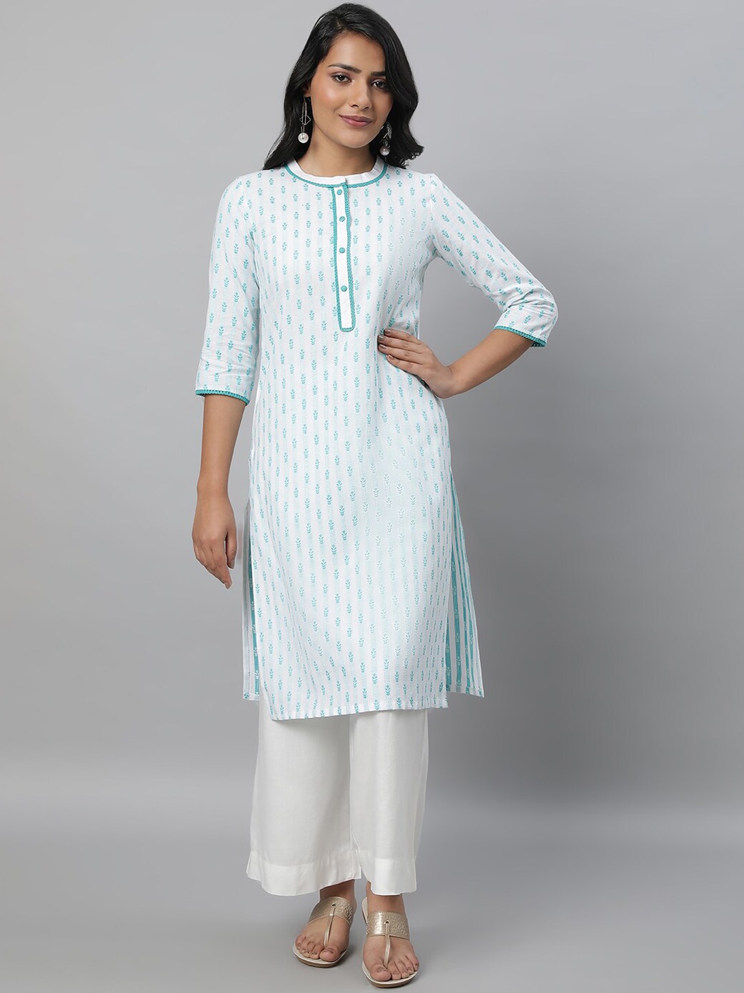 

AURELIA Ethnic Motifs Printed Mandarin Collar Lace Inserted Pure Cotton Kurta, Turquoise blue