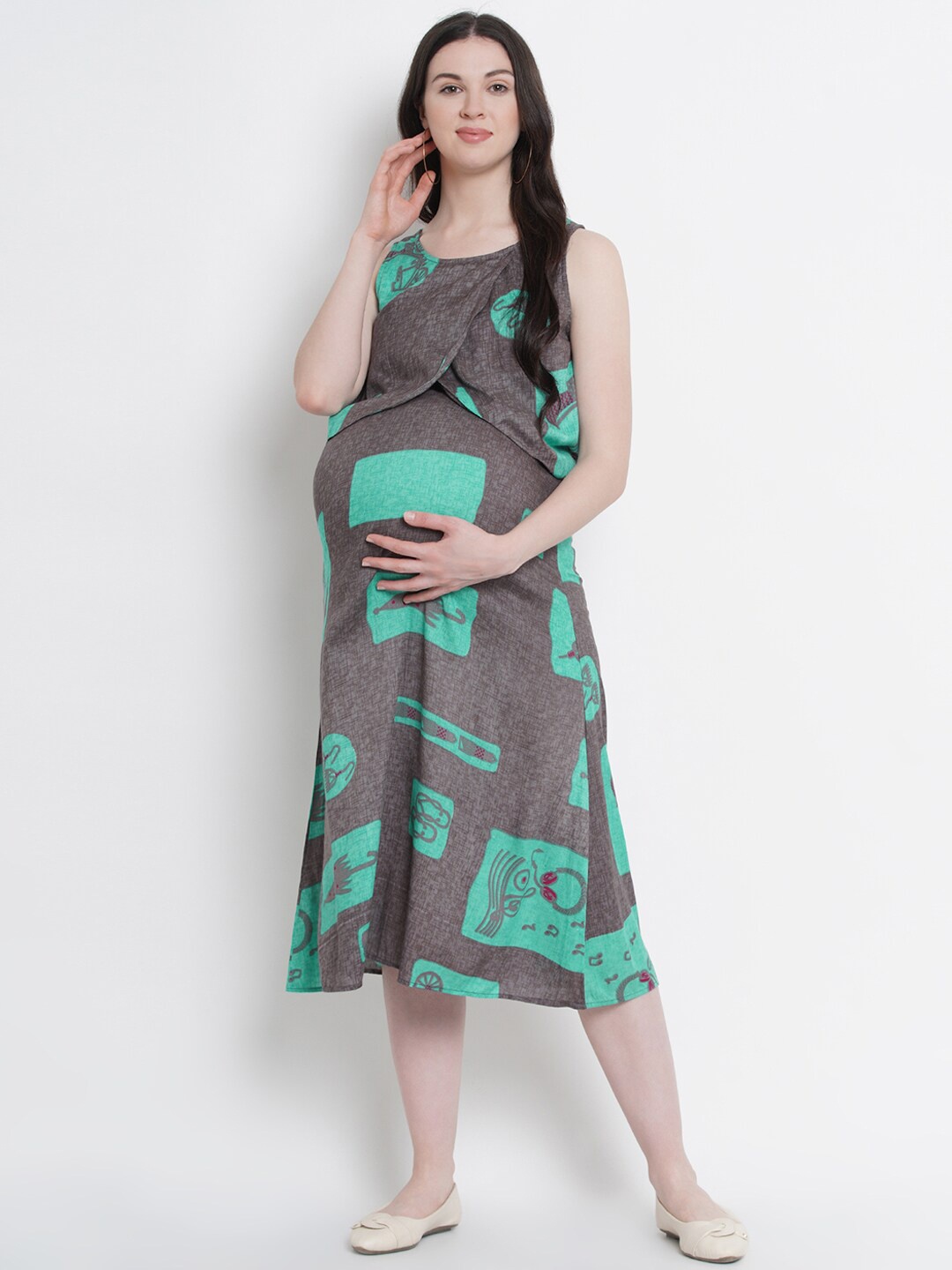 

SIDE KNOT Print A-Line Maternity Midi Dress, Grey