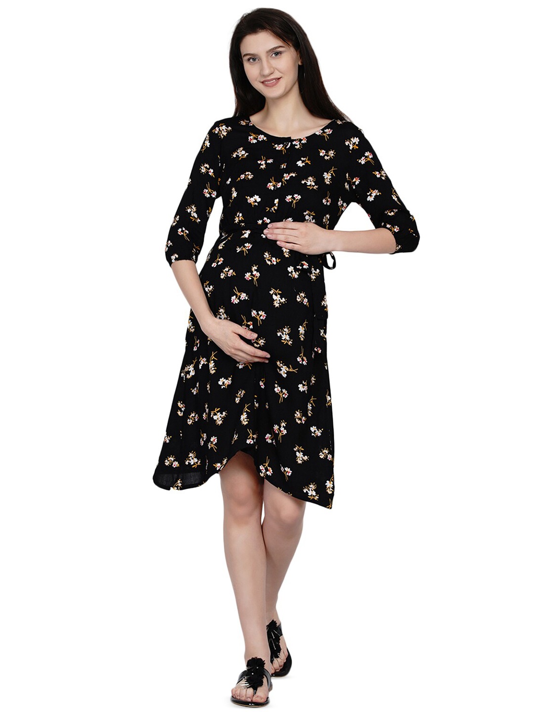 

SIDE KNOT Floral Print Fit & Flare Maternity Dress, Black