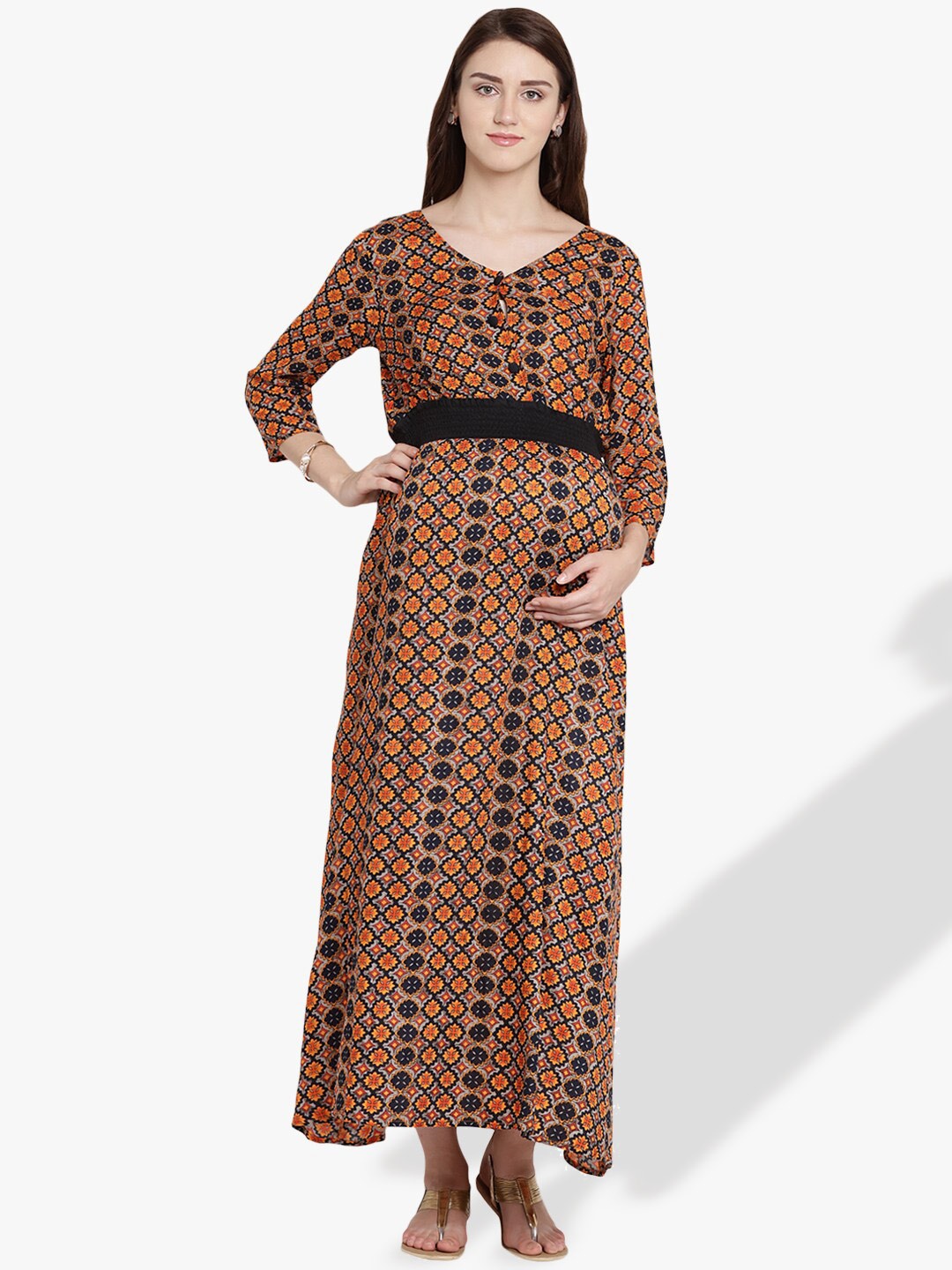 

SIDE KNOT Ethnic Motifs Printed Maternity Maxi Dress, Brown