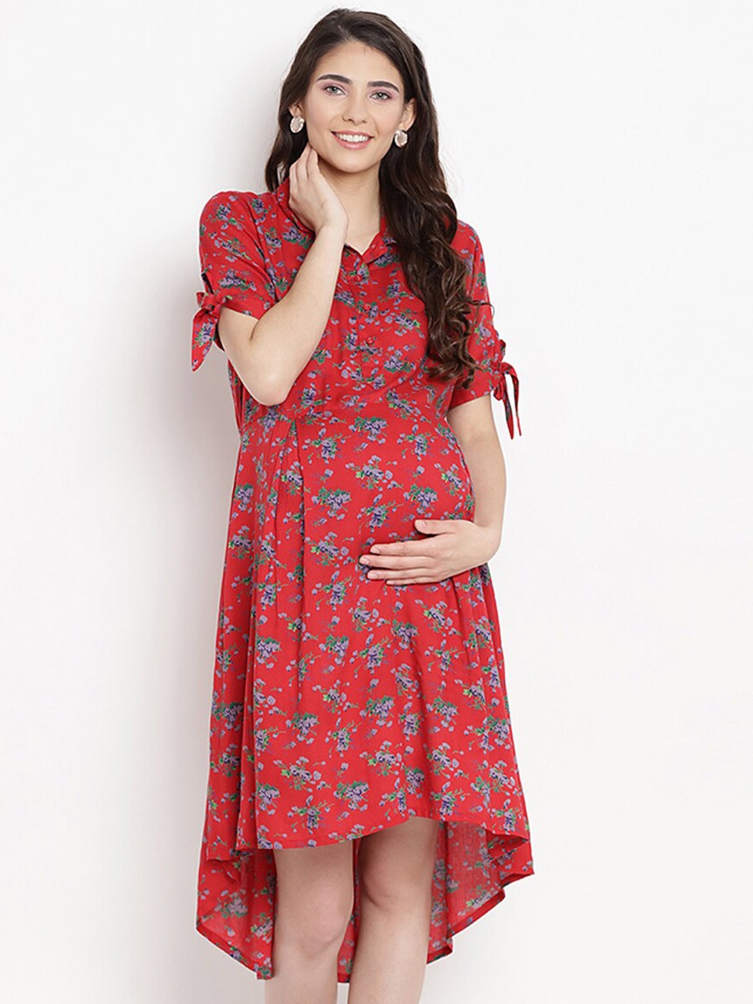 

SIDE KNOT Floral Printed High - Low A-Line Maternity Dress, Red