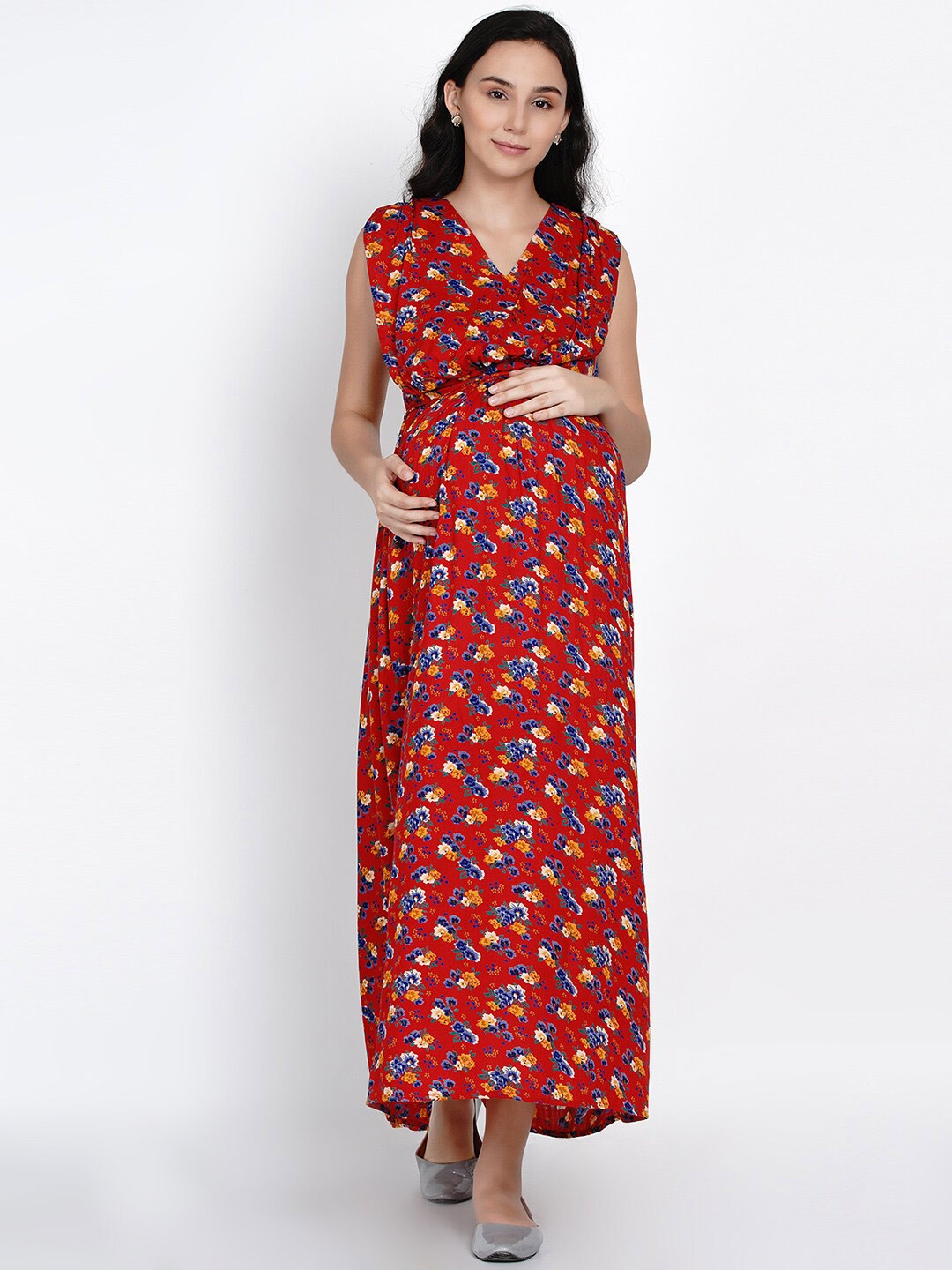 

SIDE KNOT Floral Printed V-Neck Maternity Maxi Dress, Red