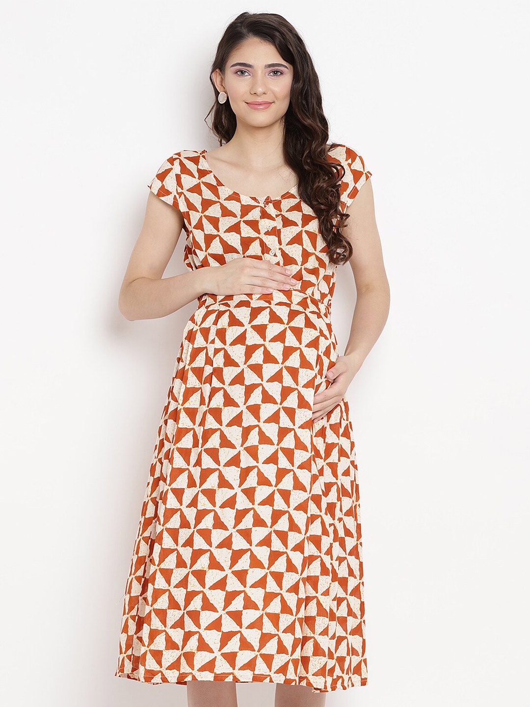 

SIDE KNOT Print Fit & Flare Maternity Midi Dress, Brown