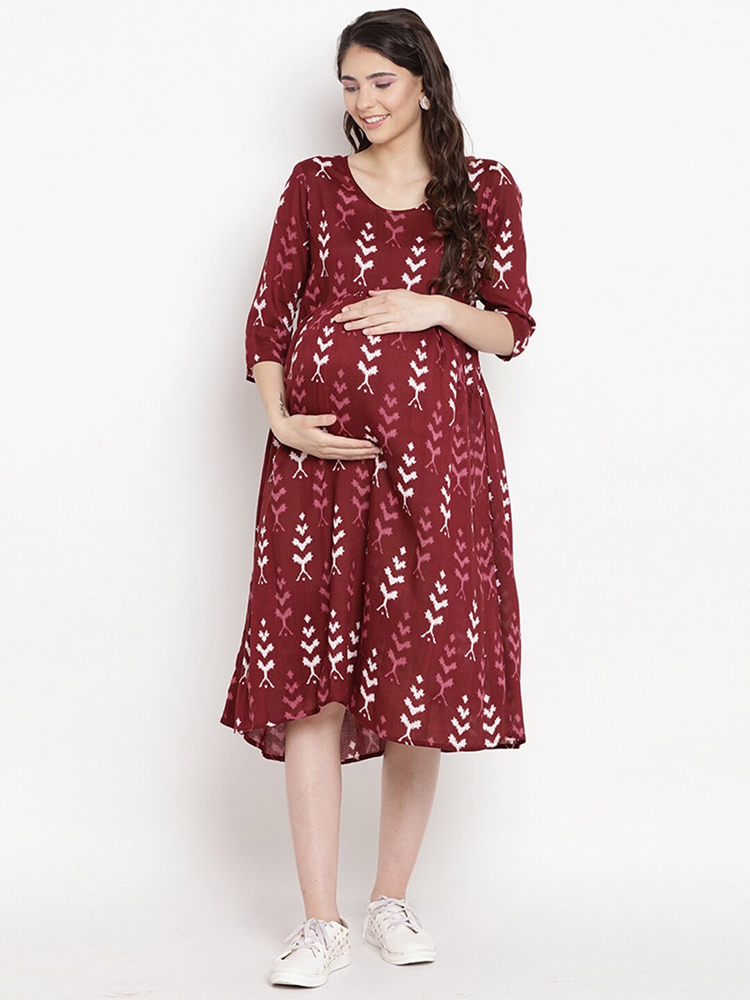 

SIDE KNOT Ethnic Motifs Printed Midi Fit & Flare Maternity Dress, Maroon