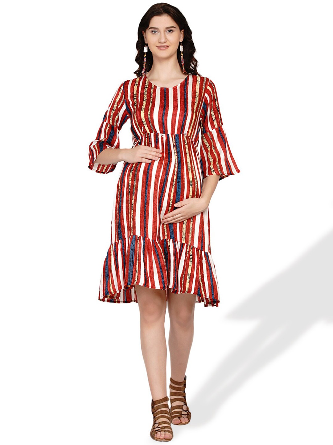 

SIDE KNOT Striped Bell Sleeves A-Line Maternity Dress, Red
