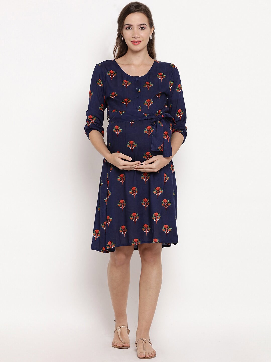

SIDE KNOT Floral Printed Waist Tie- Ups A-Line Maternity Dress, Navy blue