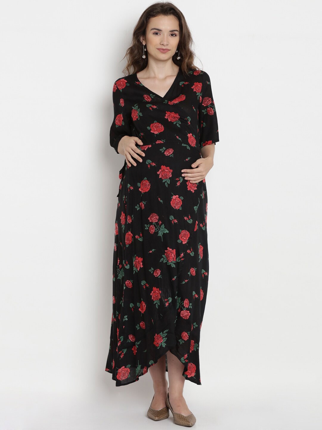 

SIDE KNOT Floral Printed Tulip Maxi Maternity Wrap Dress, Black