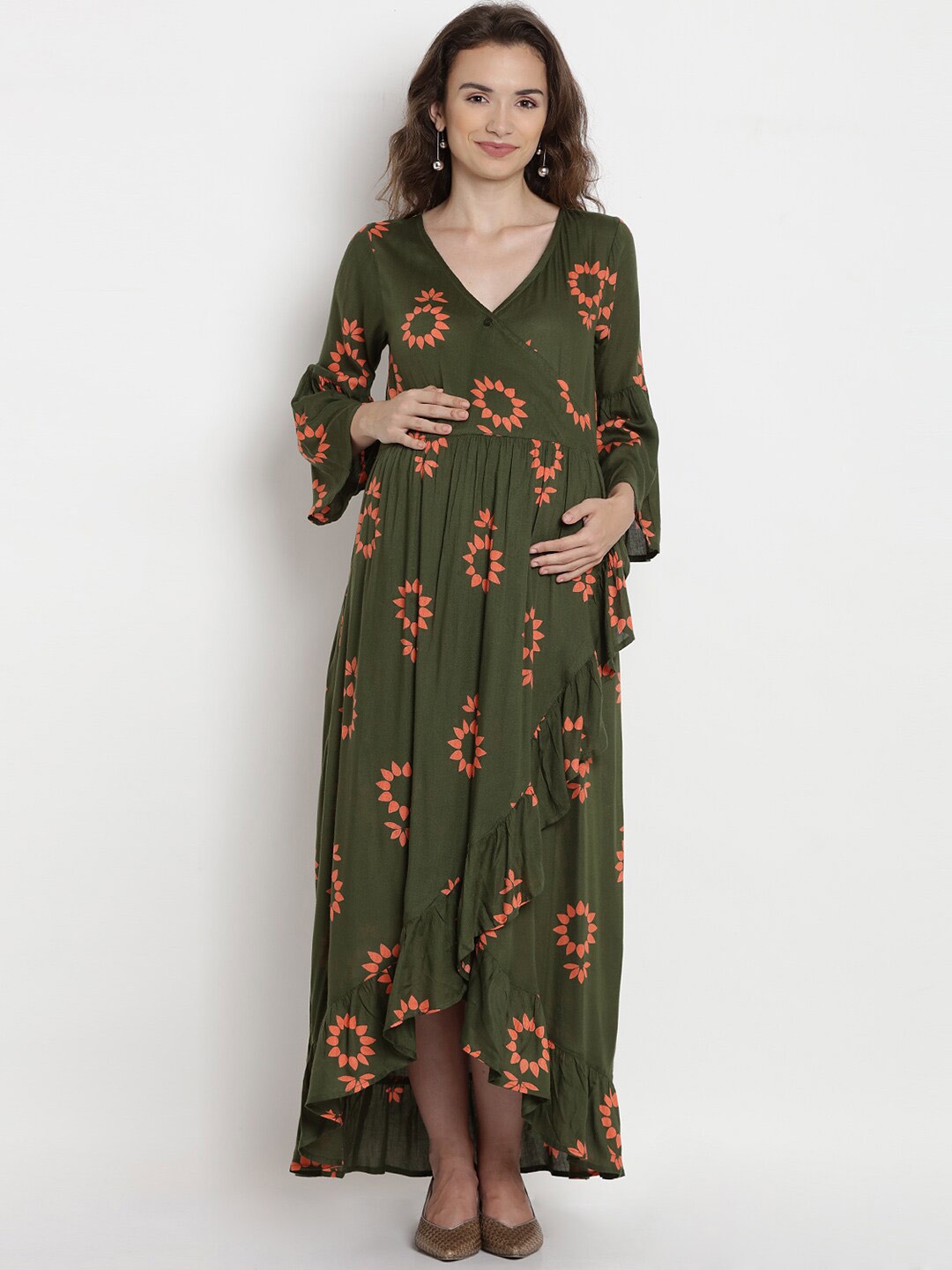 

SIDE KNOT Floral Printed Bell Sleeves Maternity Maxi Dress, Olive