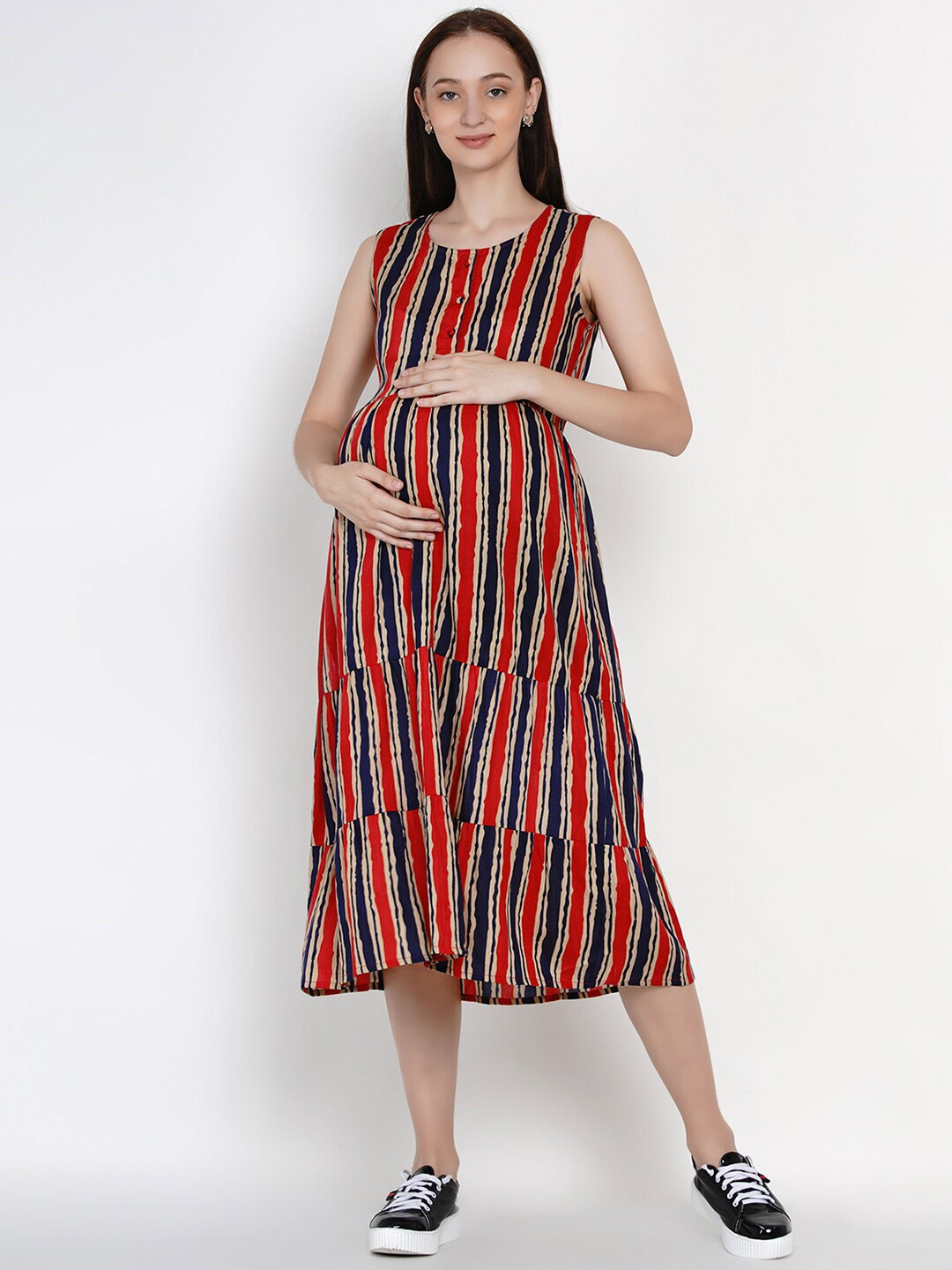 

SIDE KNOT Striped A-Line Midi Maternity Dress, Red