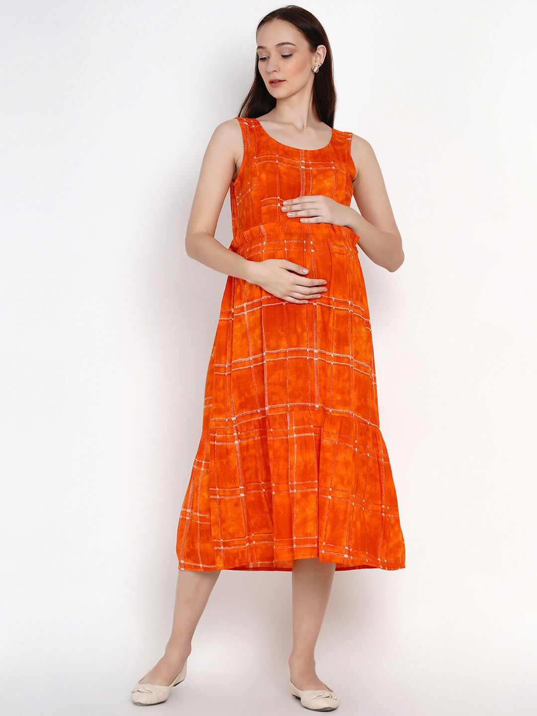 

SIDE KNOT Checked A-Line Maternity Midi Dress, Orange