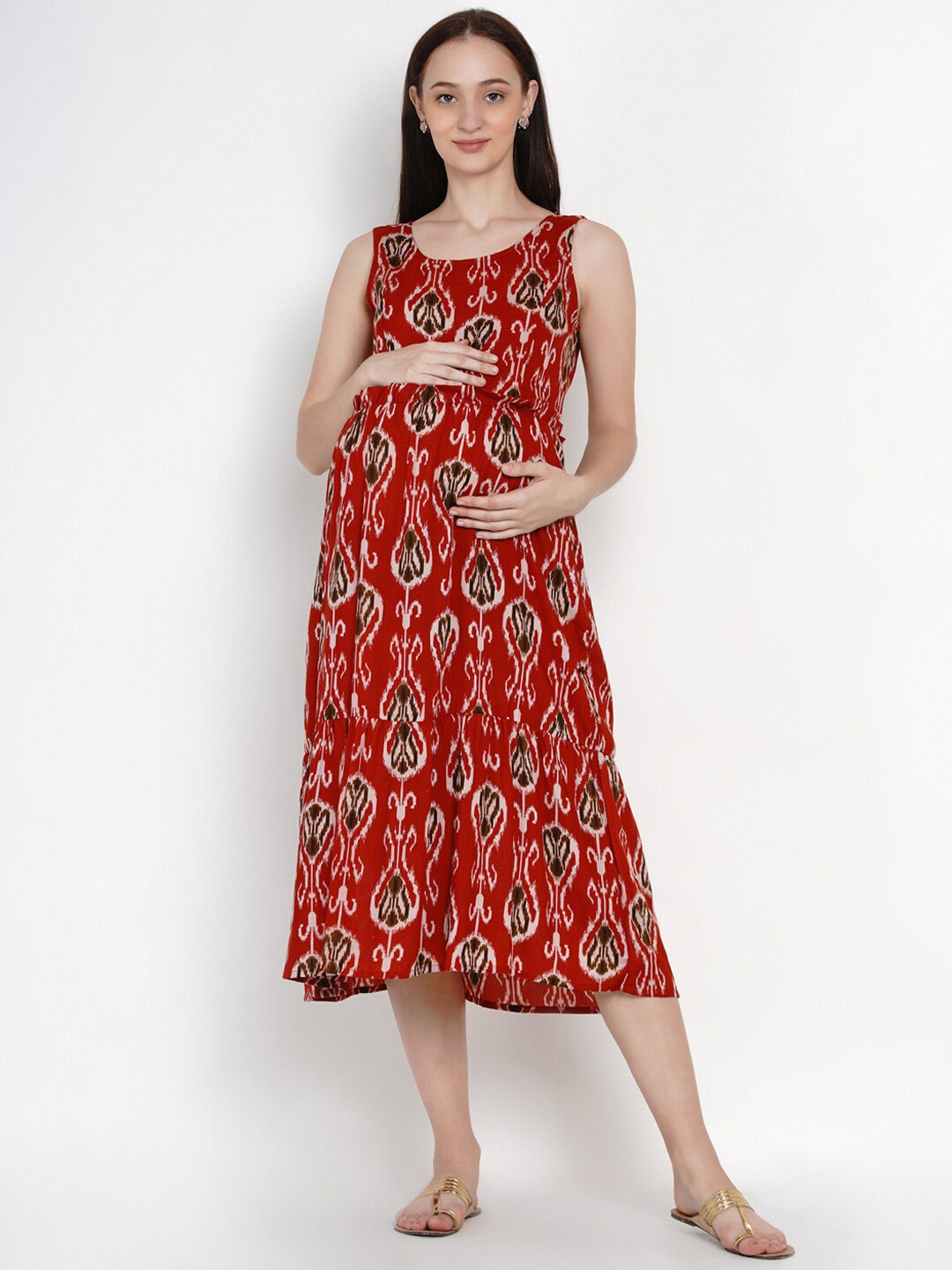 

SIDE KNOT Ethnic Motifs Print Fit & Flare Midi Maternity Dress, Red