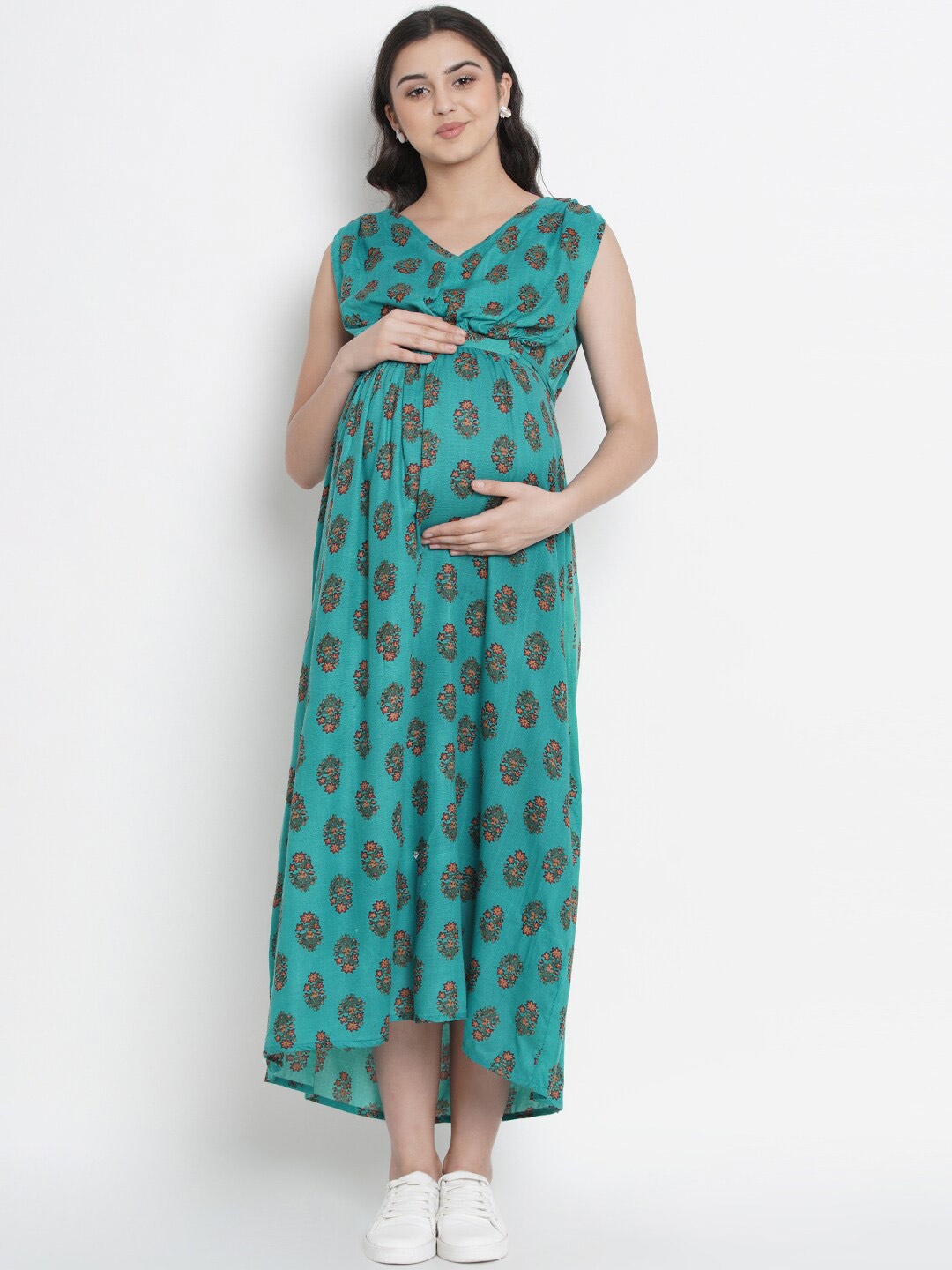 

SIDE KNOT Floral Printed V- Neck Maternity Maxi Dress, Teal