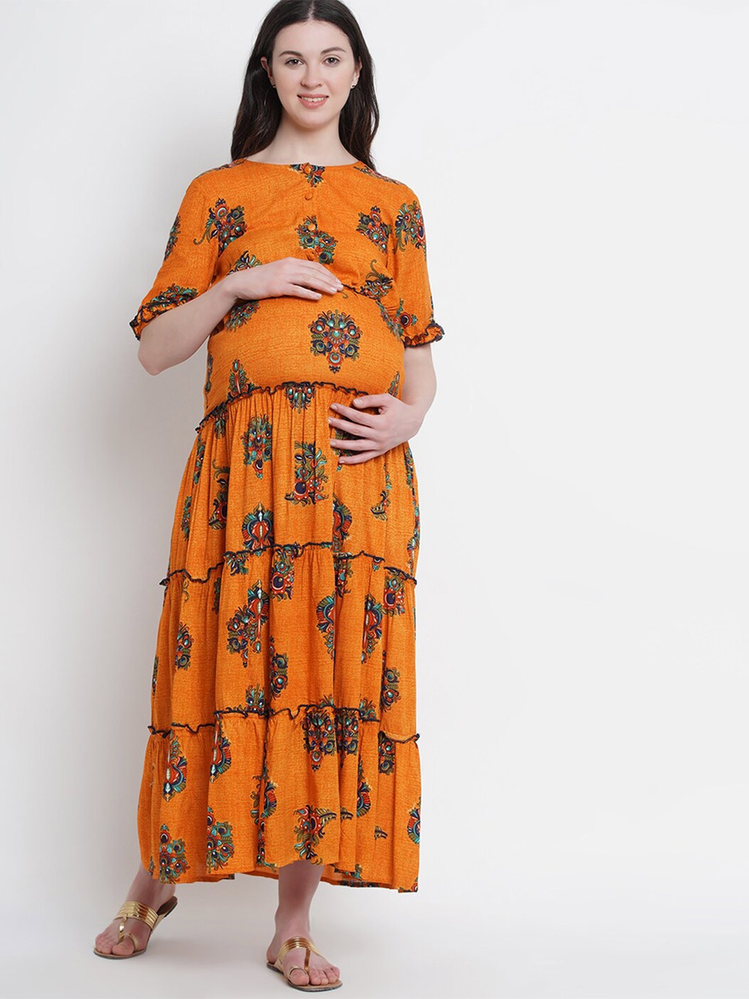 

SIDE KNOT Ethnic Motifs Printed Maternity Maxi Dress, Yellow