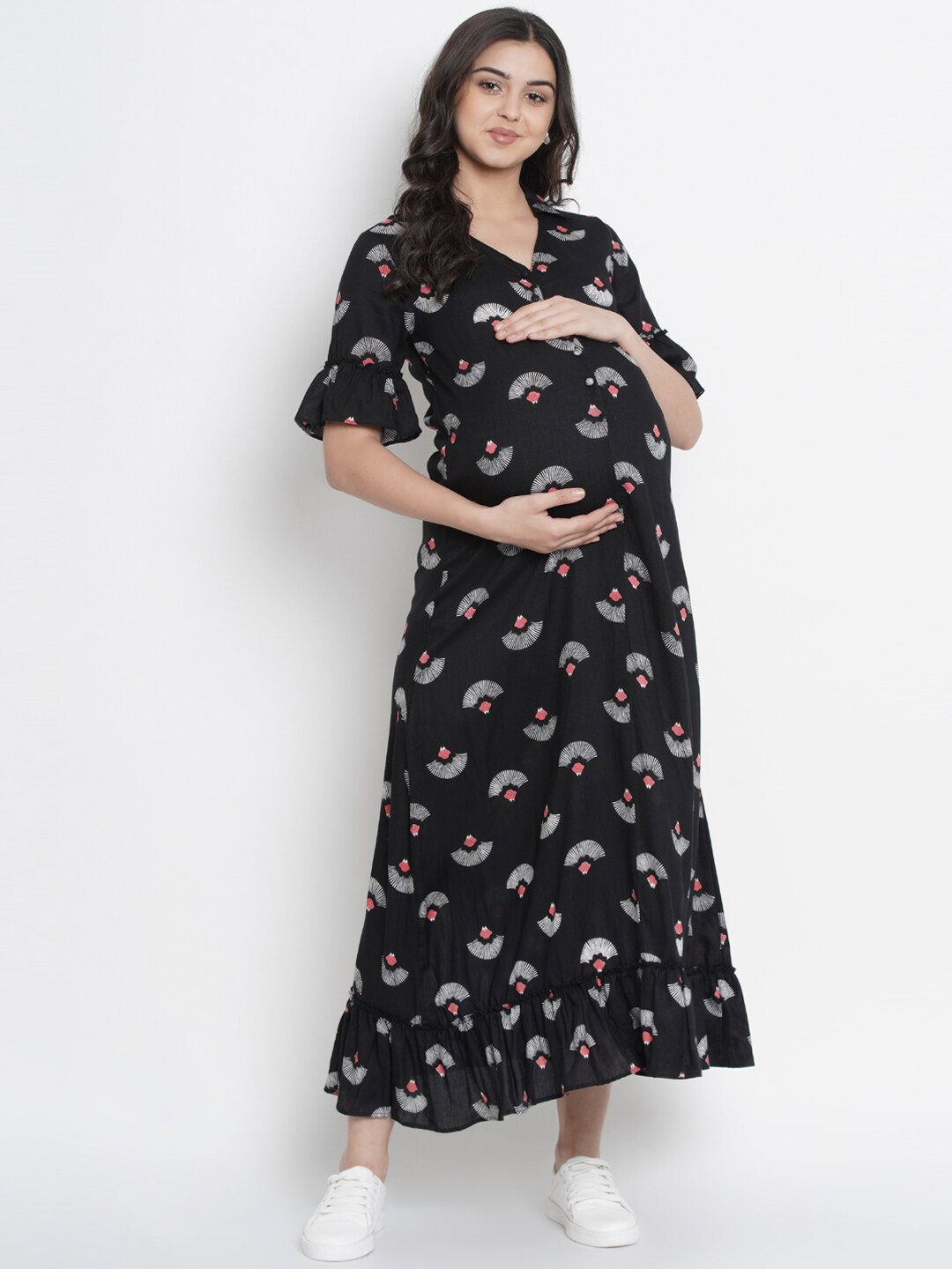 

SIDE KNOT Floral Print Bell Sleeve Maxi Maternity Dress, Black
