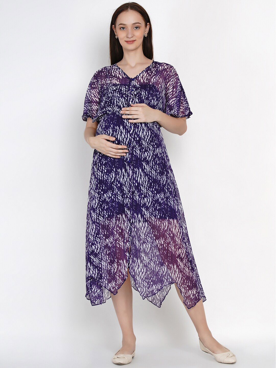 

SIDE KNOT Print Flared Sleeve Fit & Flare Midi Maternity Dress, Purple