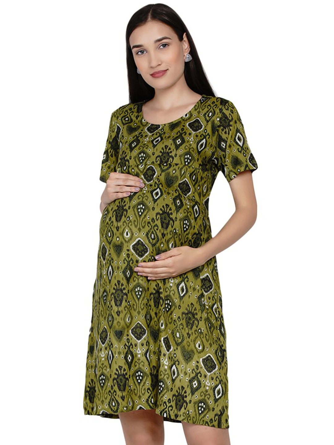 

SIDE KNOT Ethnic Motifs Printed Maternity A-Line Dress, Olive