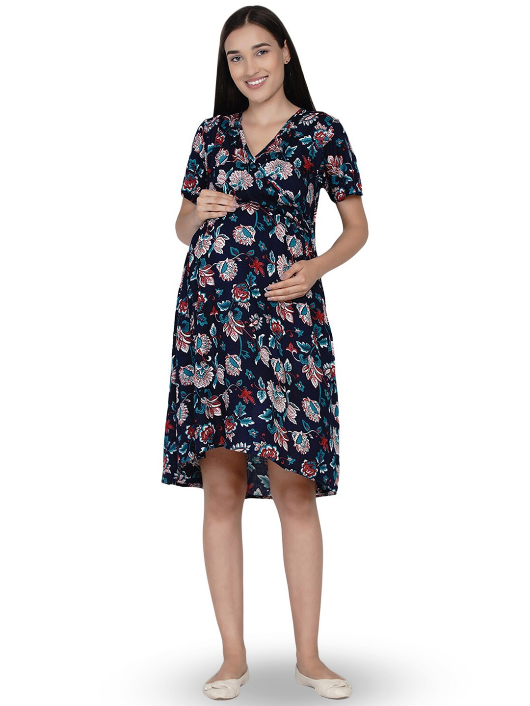 

SIDE KNOT Floral Printed V- Neck Maternity Wrap Dress, Navy blue