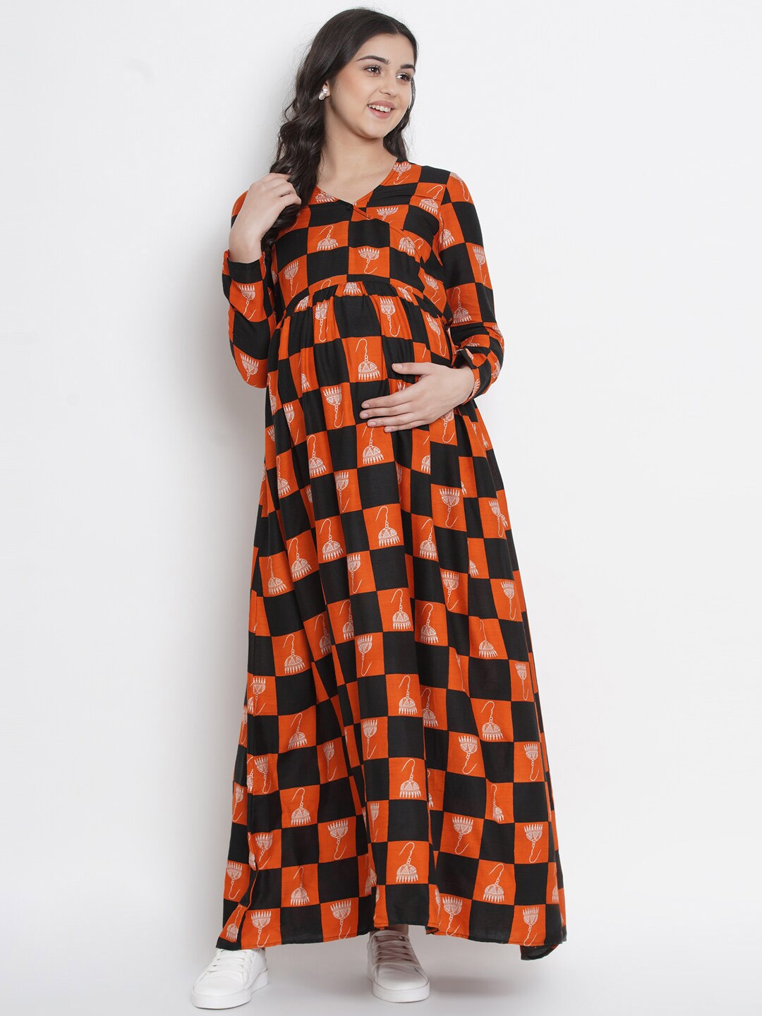 

SIDE KNOT Checked V- Neck Maternity Wrap Dress, Orange