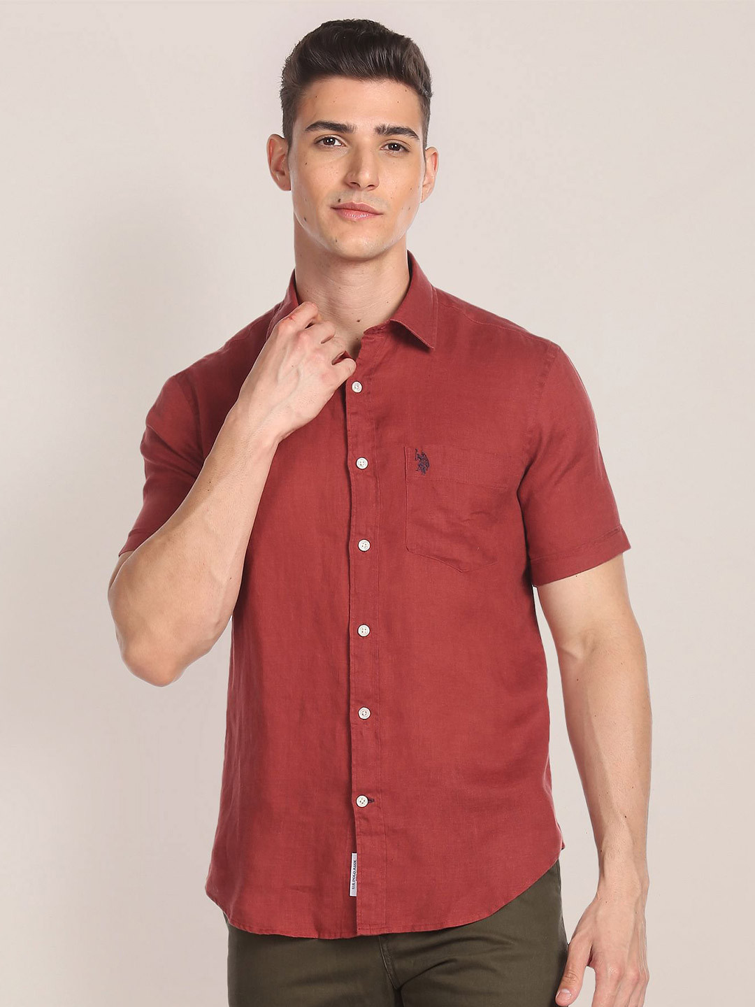 

U.S. Polo Assn. Spread Collar Linen Casual Shirt, Red