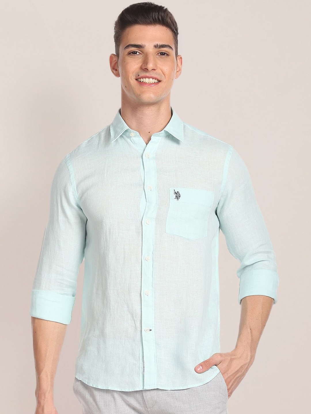 

U.S. Polo Assn. Spread Collar Linen Casual Shirt, Green