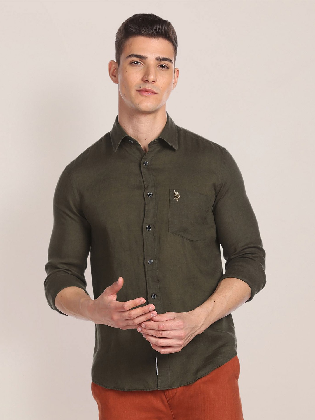 

U.S. Polo Assn. Spread Collar Linen Casual Shirt, Green