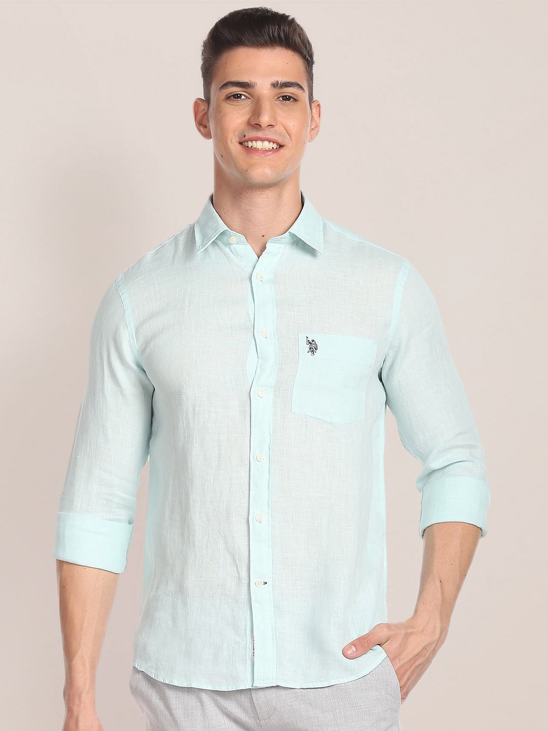 

U.S. Polo Assn. Spread Collar Linen Casual Shirt, Green