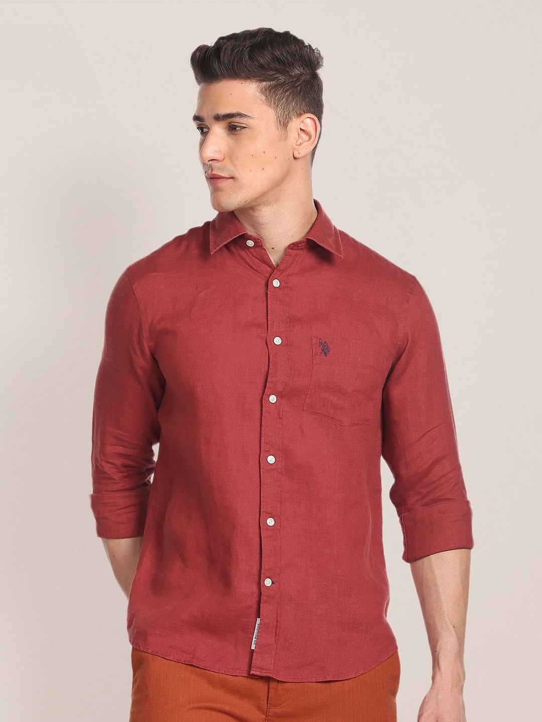 

U.S. Polo Assn. Spread Collar Pure Linen Casual Shirt, Red