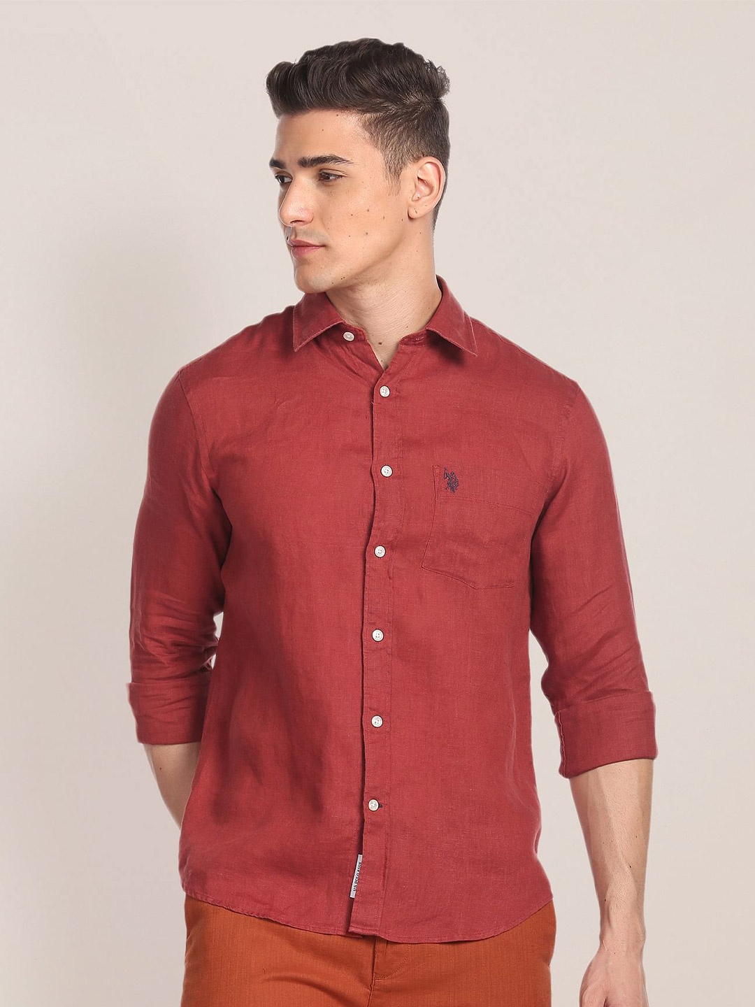

U.S. Polo Assn. Spread Collar Pure Linen Casual Shirt, Red