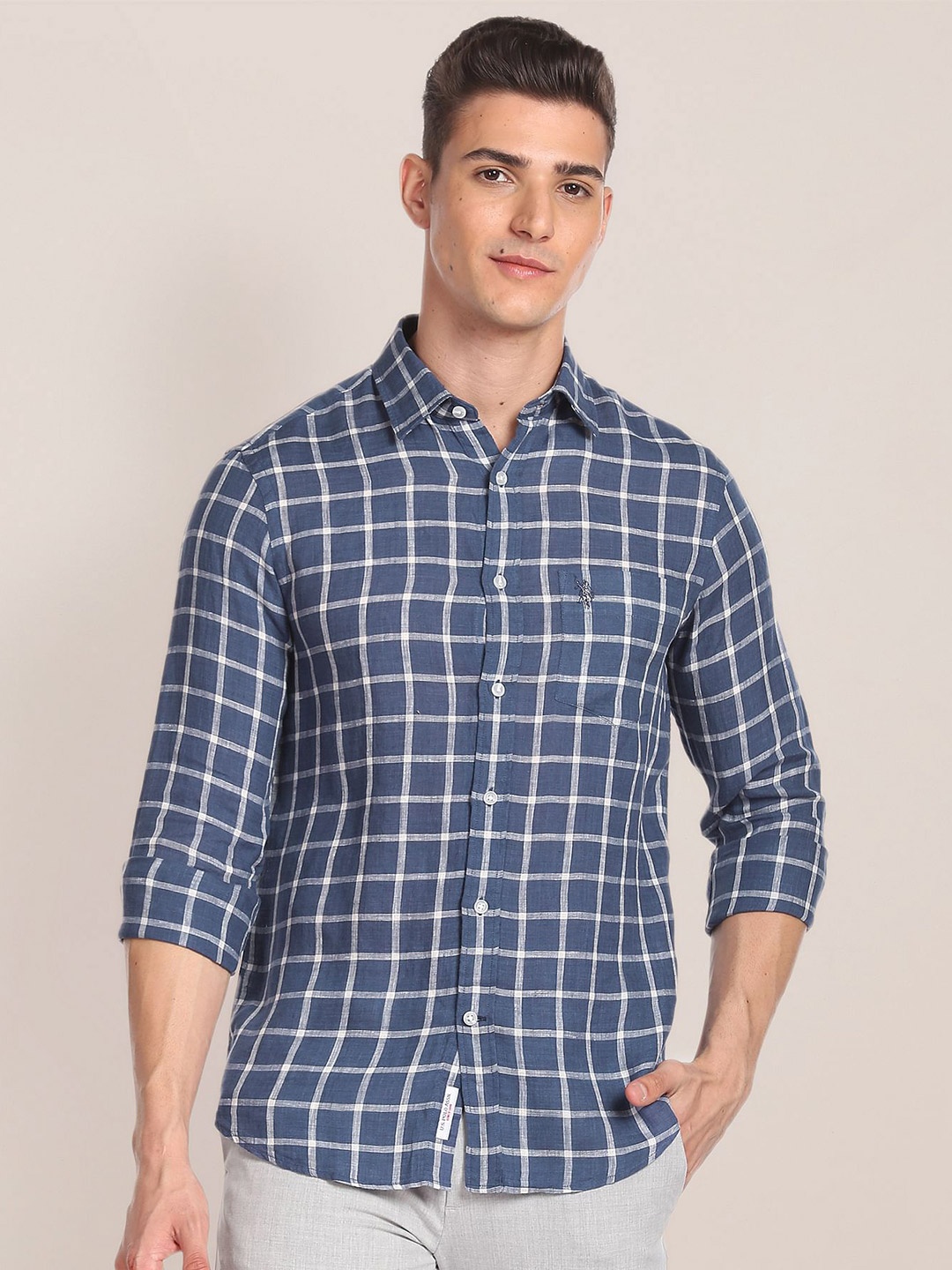 

U.S. Polo Assn. Windowpane Checked Pure Linen Casual Shirt, Blue