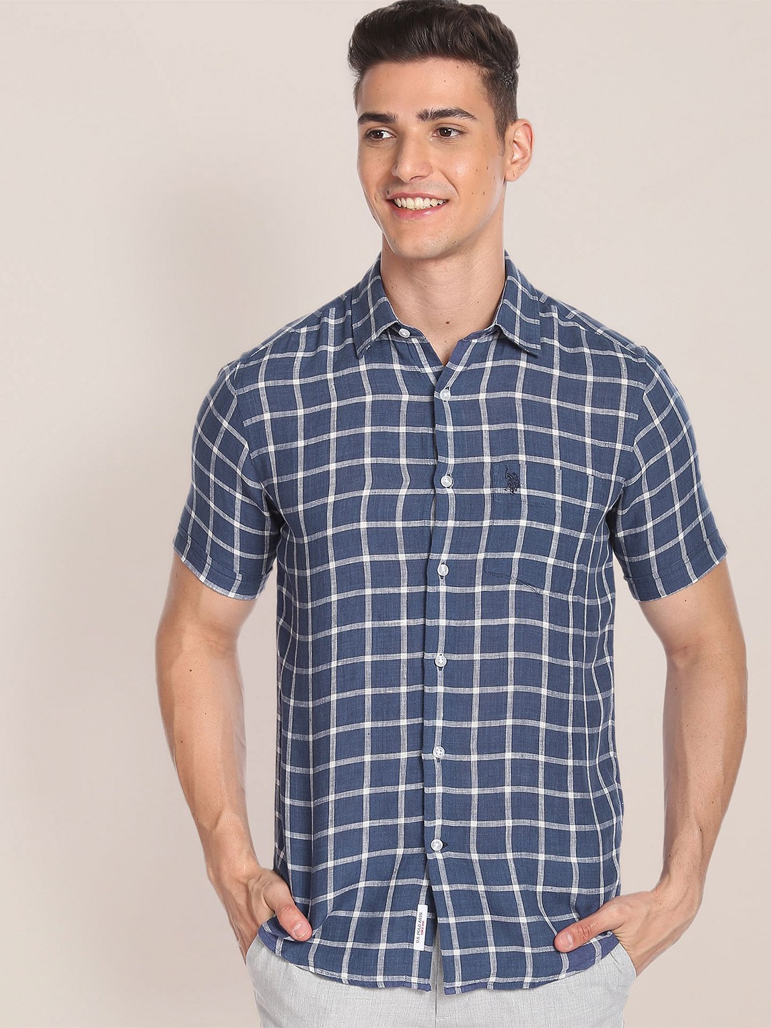 

U.S. Polo Assn. Windowpane Checked Pure Linen Casual Shirt, Blue