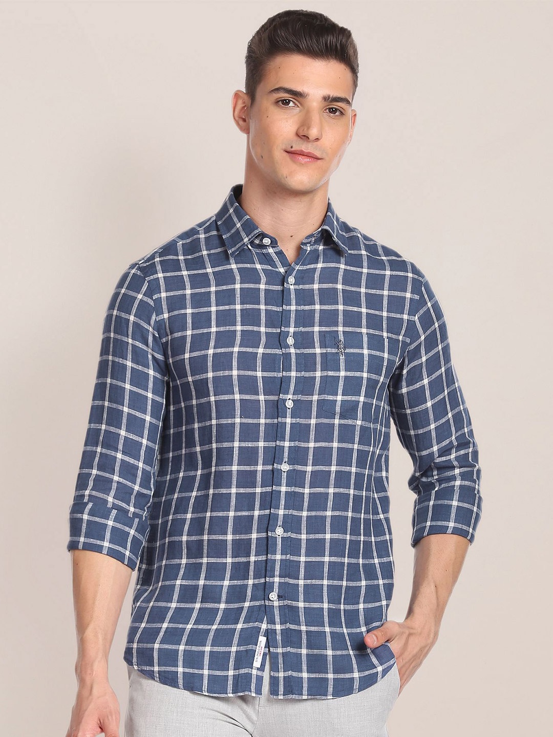 

U.S. Polo Assn. Windowpane Checked Pure Linen Casual Shirt, Blue