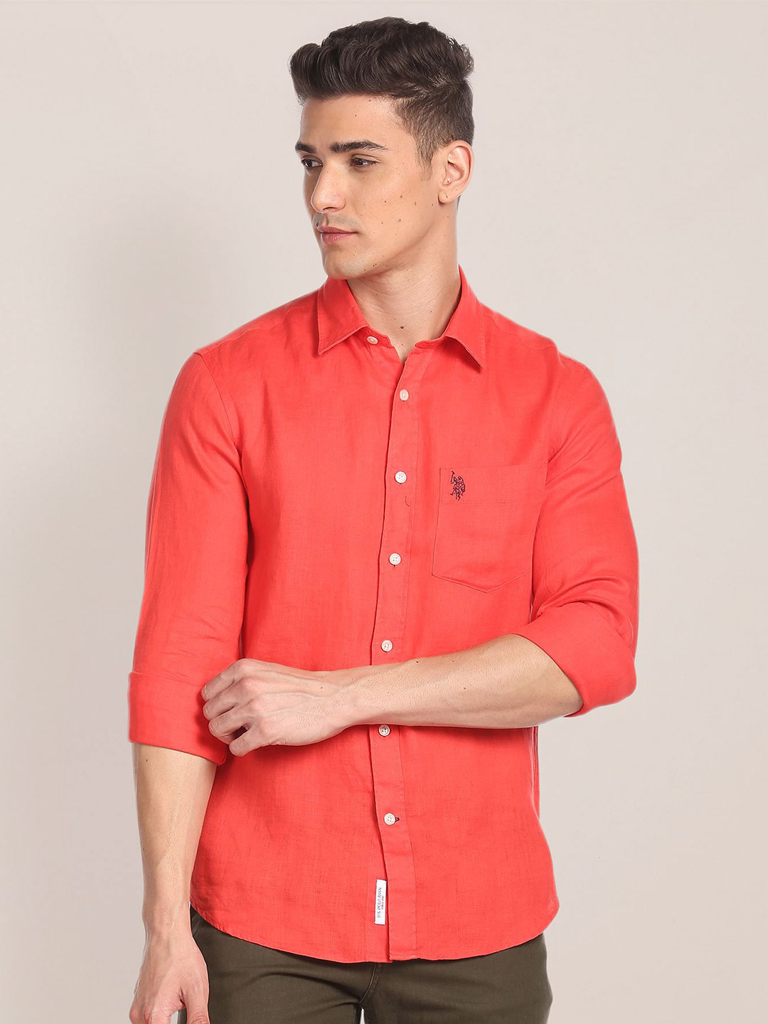 

U.S. Polo Assn. Spread Collar Pure Linen Casual Shirt, Red