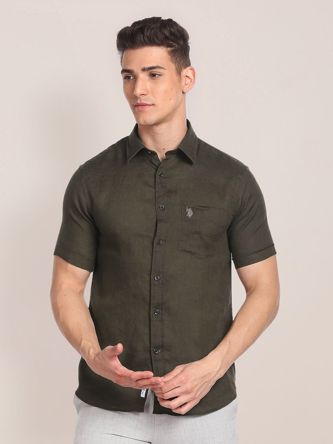 

U.S. Polo Assn. Spread Collar Pure Linen Casual Shirt, Green