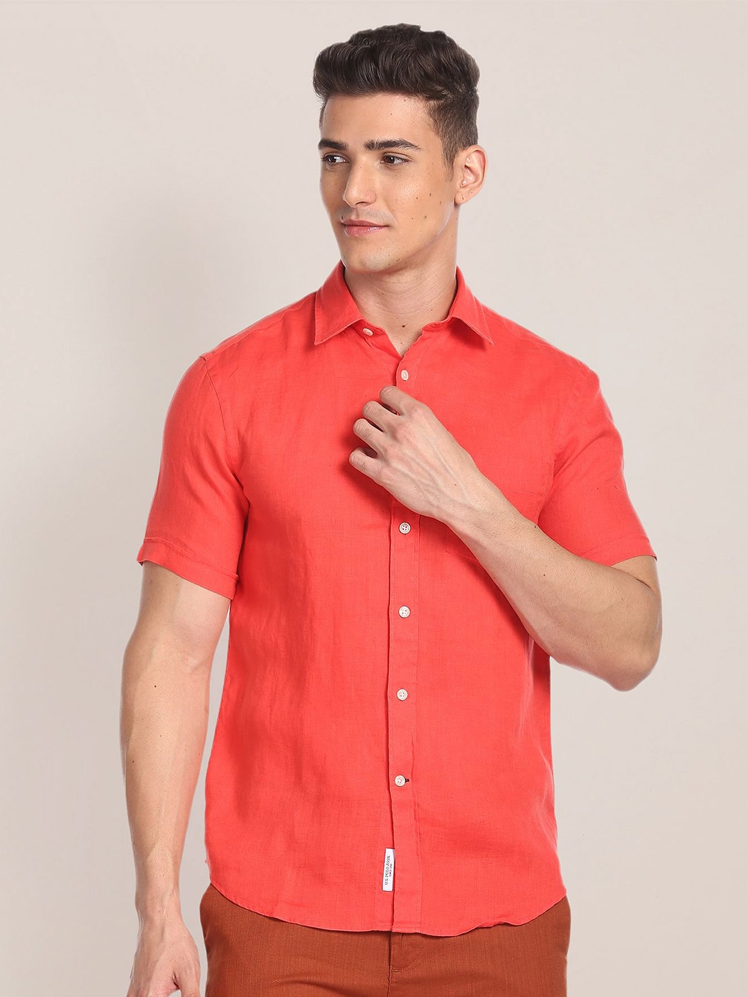 

U.S. Polo Assn. Spread Collar Pure Linen Casual Shirt, Orange