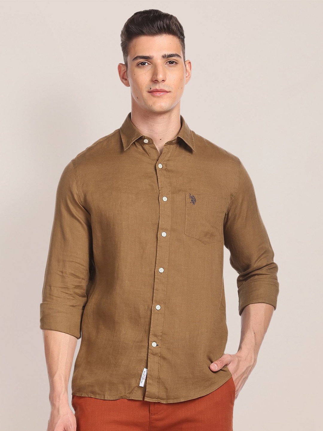 

U.S. Polo Assn. Spread Collar Pure Linen Casual Shirt, Brown
