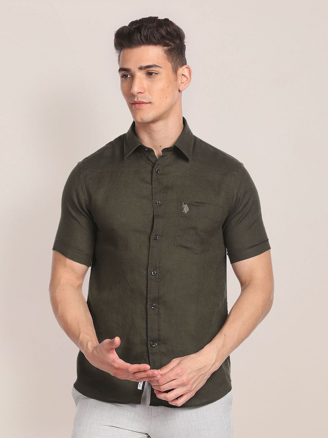 

U.S. Polo Assn. Spread Collar Pure Linen Casual Shirt, Green
