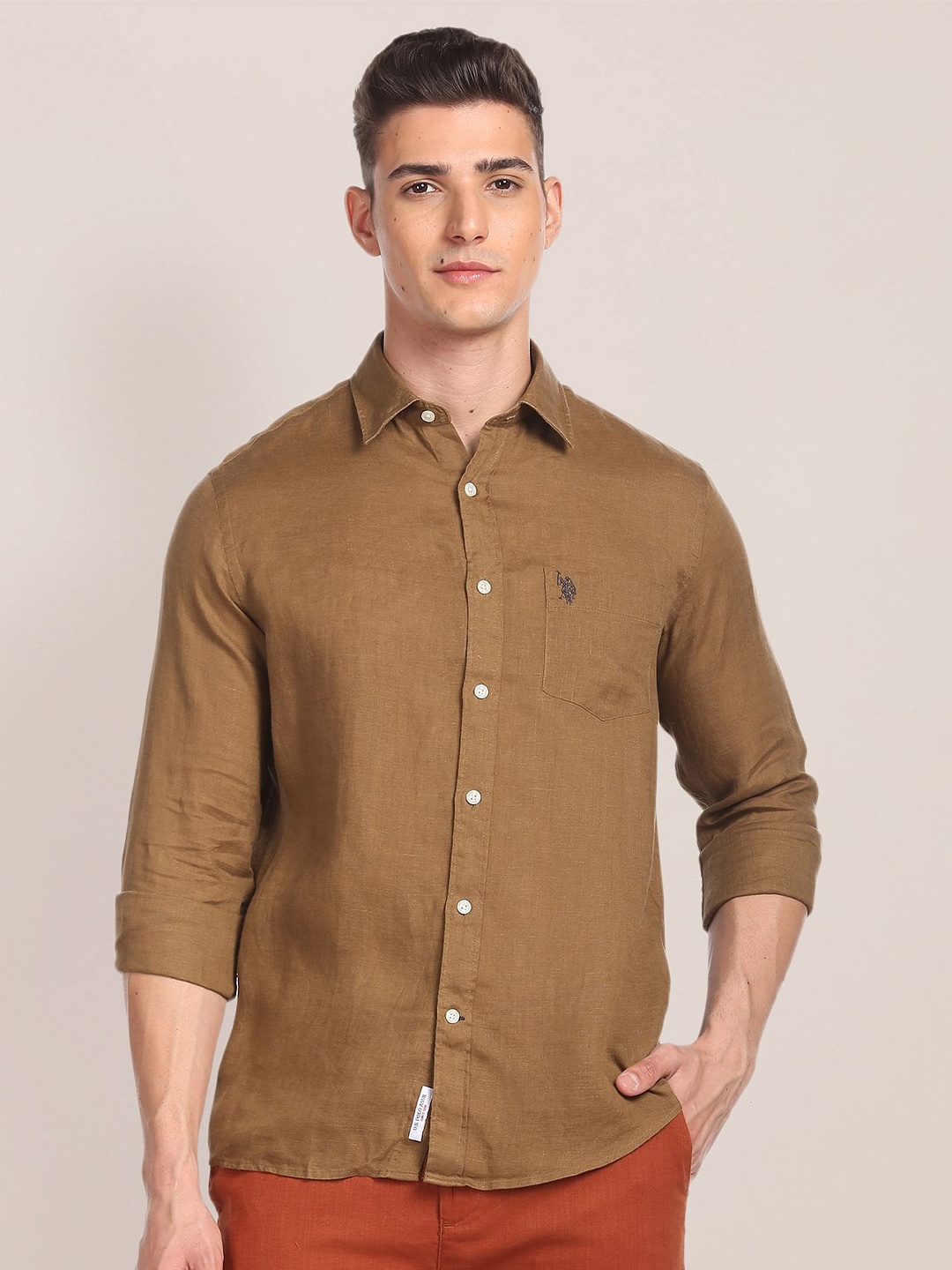 

U.S. Polo Assn. Spread Collar Long Sleeves Linen Shirt, Brown
