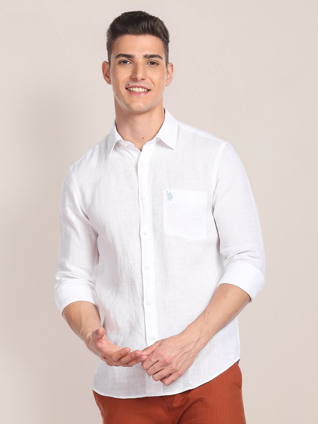 

U.S. Polo Assn. Spread Collar Long Sleeves Linen Shirt, White