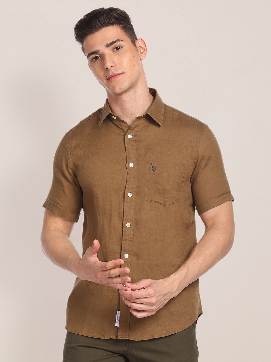 

U.S. Polo Assn. Spread Collar Long Sleeves Linen Shirt, Brown