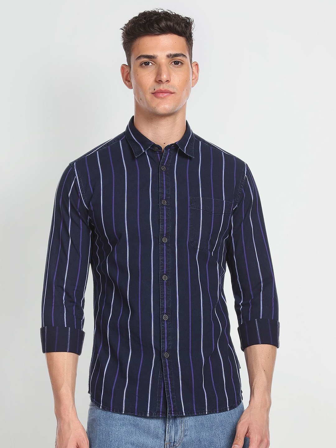 

Flying Machine Striped Chambray Pure Cotton Casual Shirt, Blue